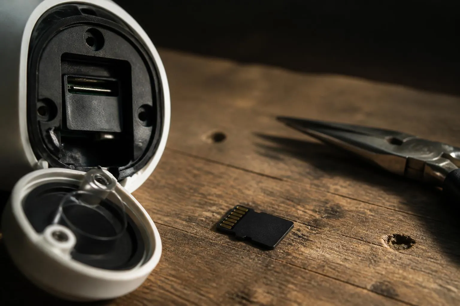 Une carte microSD posée à côté d'une caméra de surveillance ouverte, sur un établi sombre