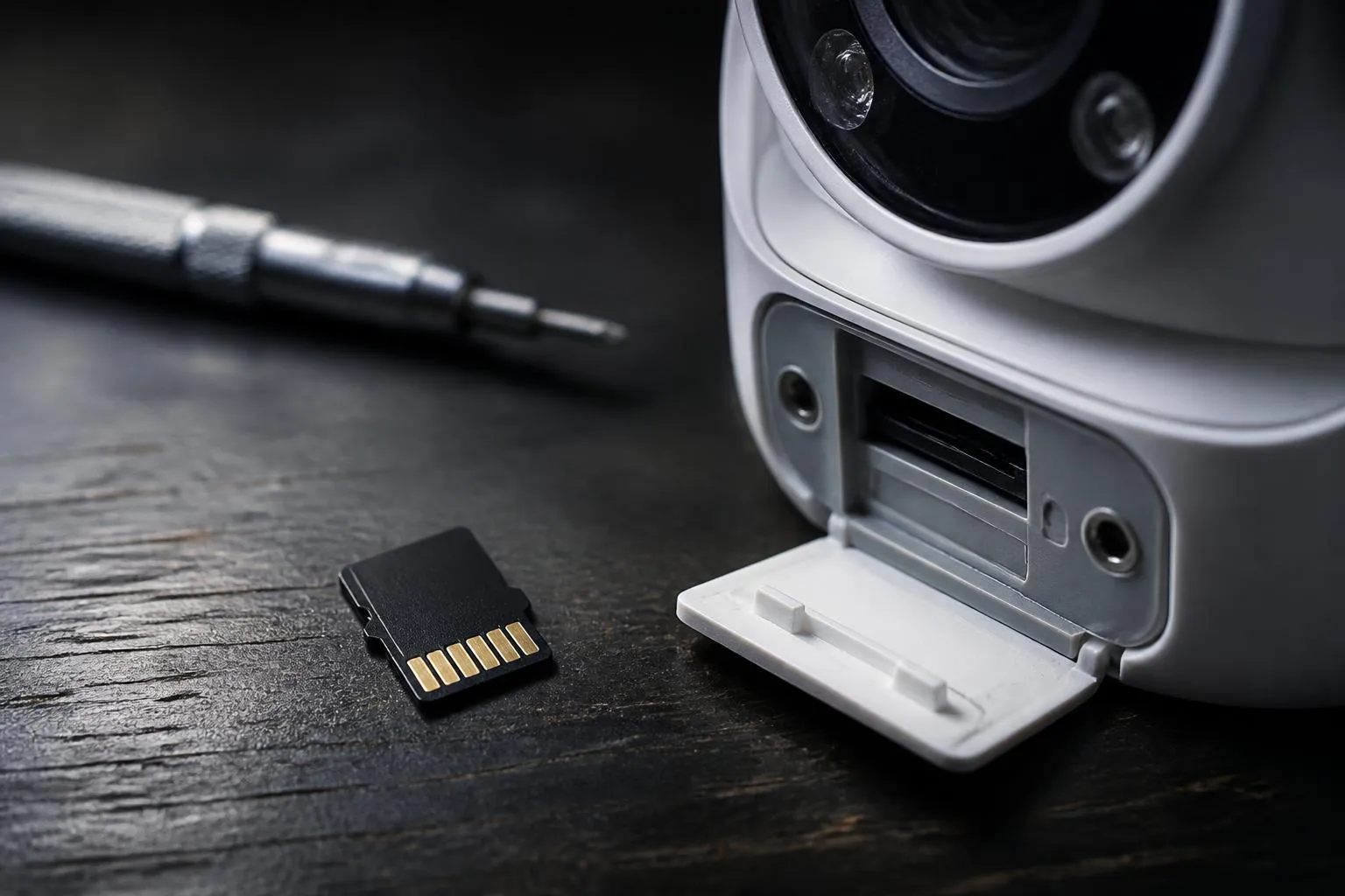 Une carte microSD à haute endurance posée près du logement ouvert d'une caméra de surveillance, sur un plan de travail sombre